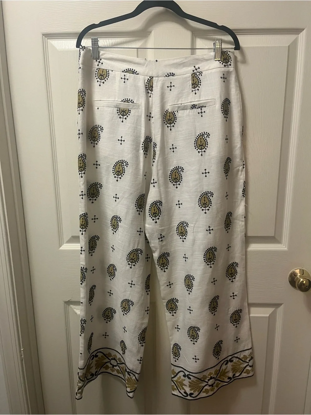 Zara Ecru Embroidered‎ Linen-Blend Paisley Printed Wide Leg Pants. Size XL.